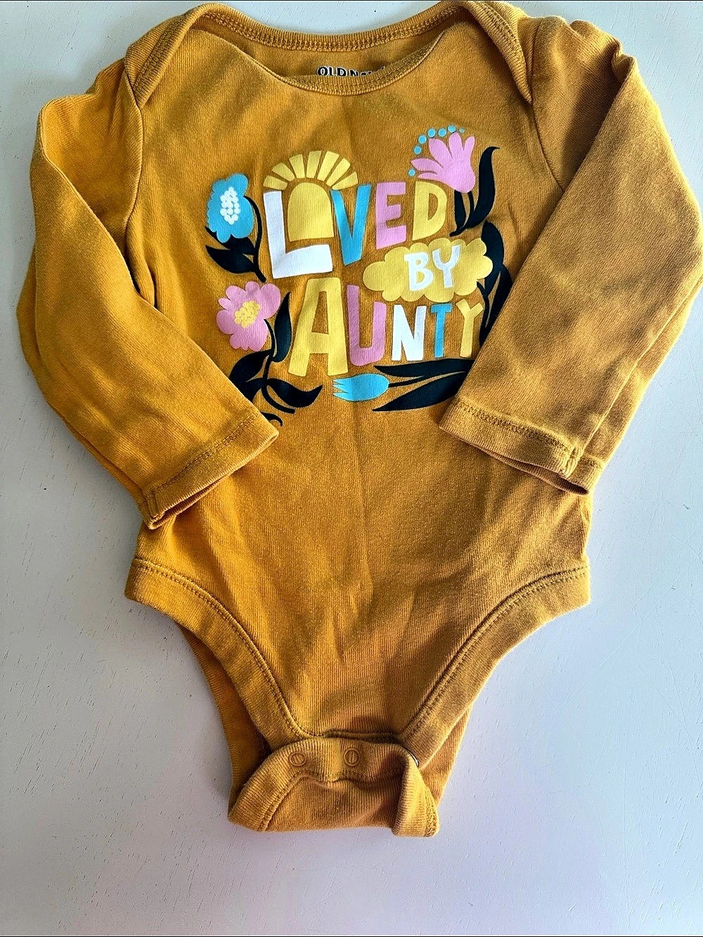 Old Navy Loved By Aunty Graphic Bodysuit Yellow 12-18M
